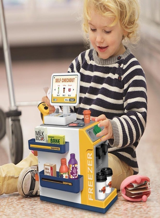 Brighterbee New Cash Register Playset for Kids with Sound Light, Mini Supermarket Cashier, Pretend Play Store Money, Calculator, Scanner, Credit Card and Play Foods, Gift for Boys and Girls Ages 3+ - Image 2